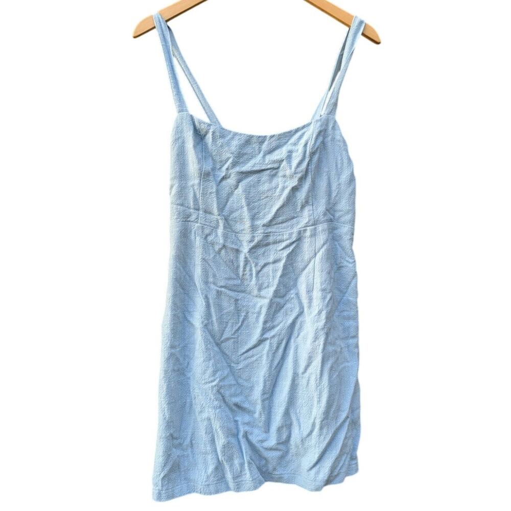 Skylar + Madison Blue Linen Summer Dress Smocked Back Milk Maid Prairie Simple L